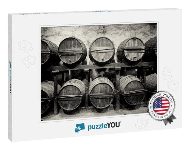 Barrels Stacked in the Winery in Black & White... Jigsaw Puzzle