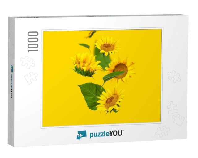Flying Yellow Sunflowers, Green Leaves on Yellow Backgrou... Jigsaw Puzzle with 1000 pieces
