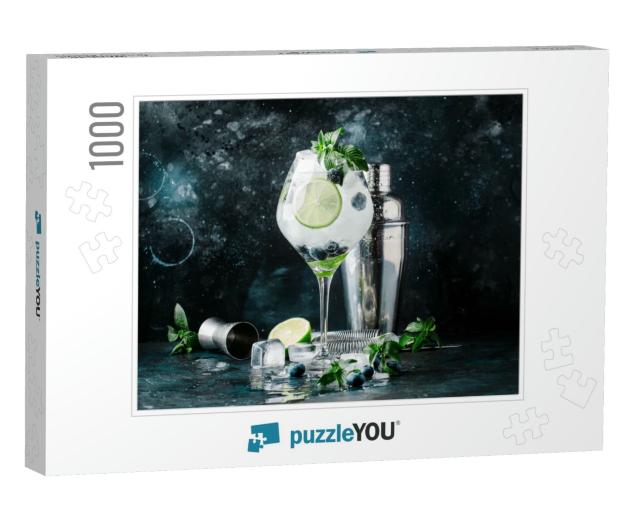 Summer Alcoholic Cocktail Blueberry Mojito with Rum, Mint... Jigsaw Puzzle with 1000 pieces