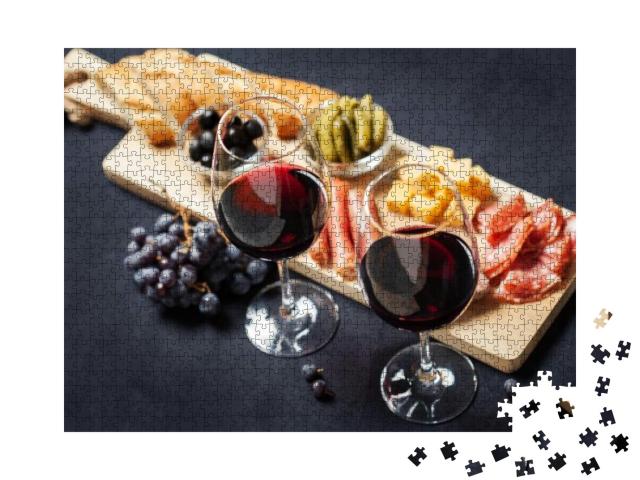 Red Wine with Charcuterie Assortment on the Background... Jigsaw Puzzle with 1000 pieces