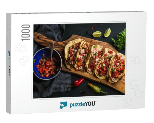 Shrimp Tacos with Homemade Salsa, Limes & Parsley on Wood... Jigsaw Puzzle with 1000 pieces