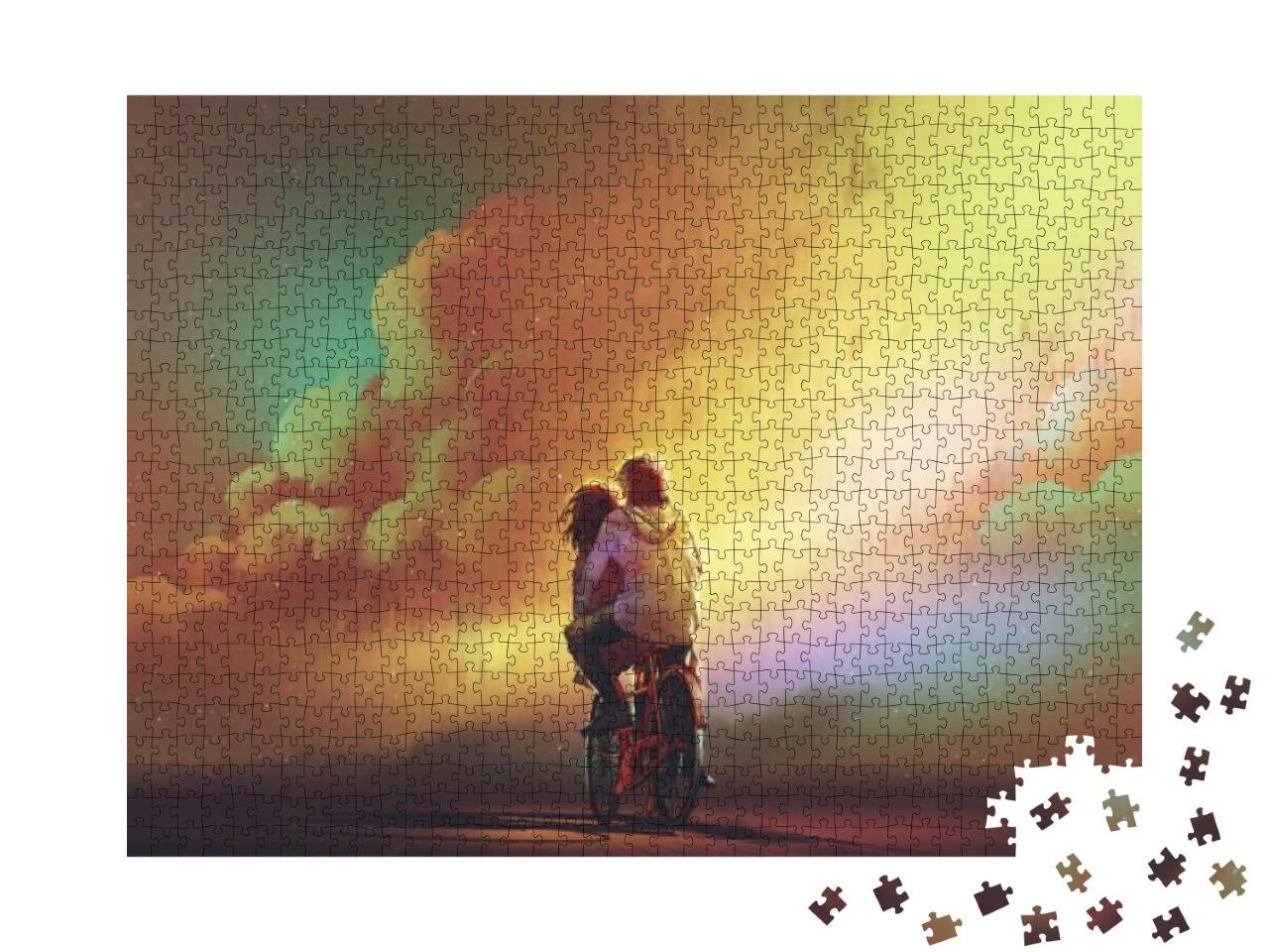 Couple in Love Riding on Bicycle Against Night Sky with C... Jigsaw Puzzle with 1000 pieces