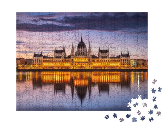 Hungarian Parliament with the Lights on from Across the D... Jigsaw Puzzle with 1000 pieces