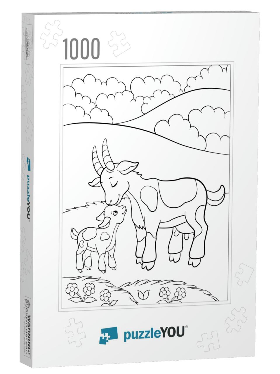 Coloring Pages. Farm Animals. Mother Goat with Her Little... Jigsaw Puzzle with 1000 pieces