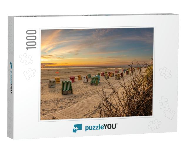Empty Roofed Wicker Beach Chairs At Langeoog with Beautif... Jigsaw Puzzle with 1000 pieces