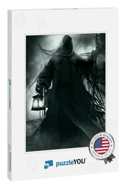 Gothic Scene with Grim Reaper, Lantern & Scythe. 3D Illus... Jigsaw Puzzle