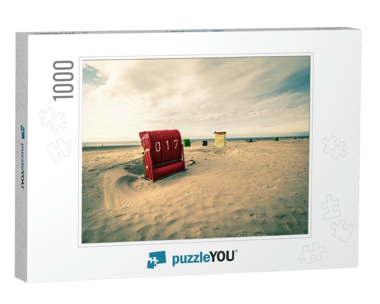 A Landscape of a Sandy Beach with a Chair in Borkum, Germ... Jigsaw Puzzle with 1000 pieces