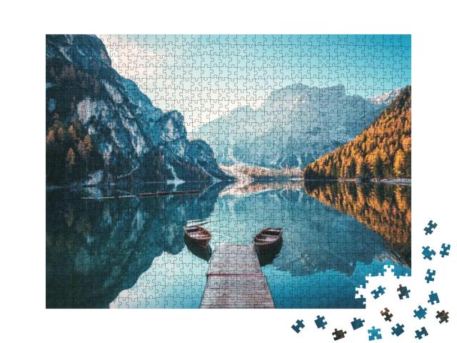 Boats on the Braies Lake Pragser Wildsee in Dolomites Mou... Jigsaw Puzzle with 1000 pieces