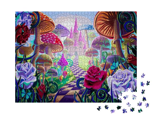 Fantastic Landscape with Mushrooms, Beautiful Old Castle... Jigsaw Puzzle with 1000 pieces