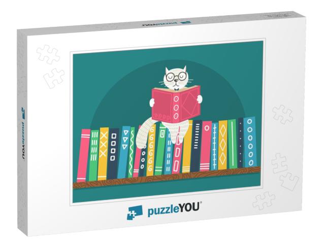 Bookshelf with Fantasy Clever White Cat Reading Book on T... Jigsaw Puzzle