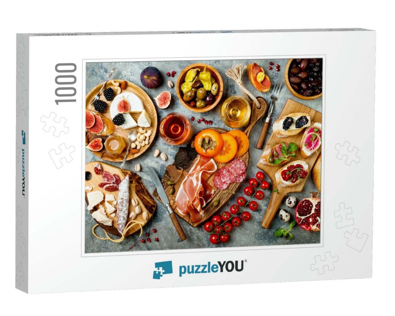 Appetizers Table with Italian Antipasti Snacks & Wine in... Jigsaw Puzzle with 1000 pieces
