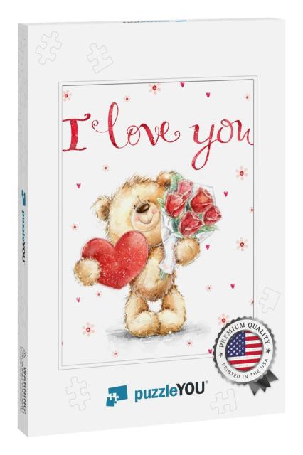 Cute Smiling Teddy Bear in Love on the Hearts Background... Jigsaw Puzzle