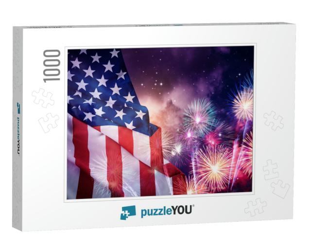 American Flag & Fireworks with Night Sky Background... Jigsaw Puzzle with 1000 pieces