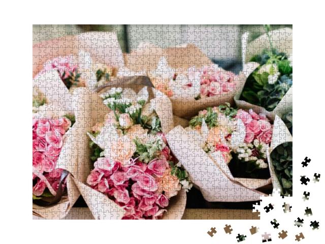 A Lot of Flower Bouquets At the Florist Shop on the Table... Jigsaw Puzzle with 1000 pieces