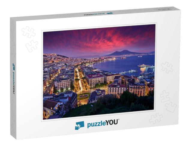 Naples, Twilight Evening Pink Violet Sunset. Town Napoli... Jigsaw Puzzle