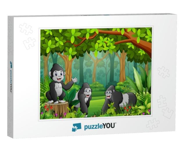 A Group of Gorillas with a View of the Green Forest... Jigsaw Puzzle