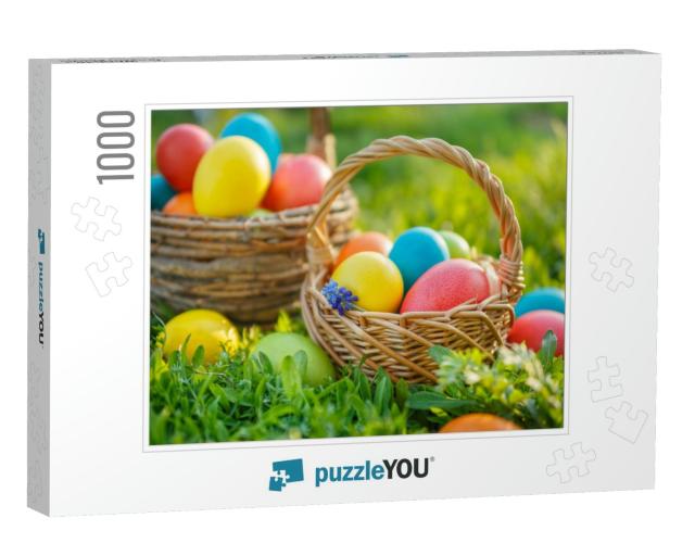 Happy Easter. Colorful Easter Eggs in Baskets, on the Spr... Jigsaw Puzzle with 1000 pieces