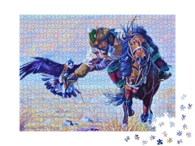 Man Riding a Horse with an Eagle from Kazakhstan... Jigsaw Puzzle with 1000 pieces