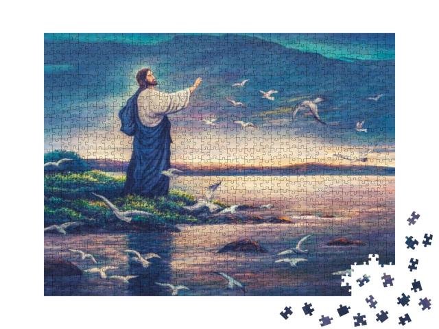 Oil Painting of Jesus Standing At the Sea Side & Raise Ha... Jigsaw Puzzle with 1000 pieces