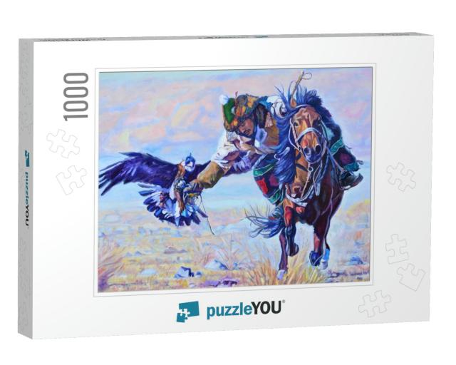 Man Riding a Horse with an Eagle from Kazakhstan... Jigsaw Puzzle with 1000 pieces