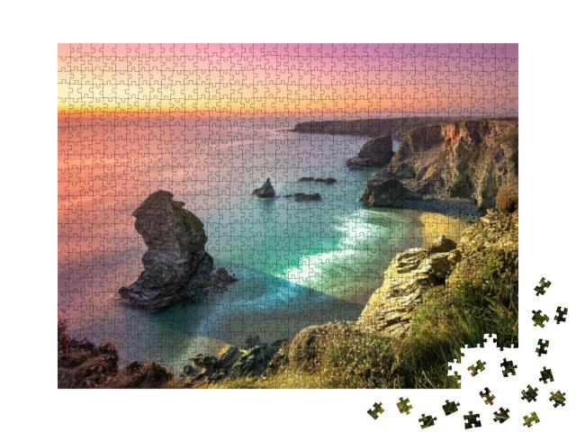 Sunset At Bedruthan Steps. Carnewas & Bedruthan Steps is... Jigsaw Puzzle with 1000 pieces
