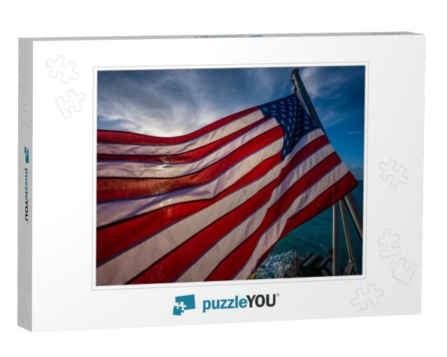 American Flag Backlit with Early Morning Sun on Boat in F... Jigsaw Puzzle