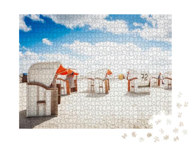 Hooded Chairs on Sand Beach. Sunlight & Blue Cloudy Sky... Jigsaw Puzzle with 1000 pieces