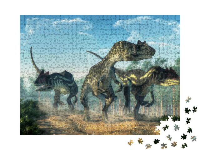 Three Allosauruses Kick Up Dust as They Hunt Along a Rock... Jigsaw Puzzle with 1000 pieces