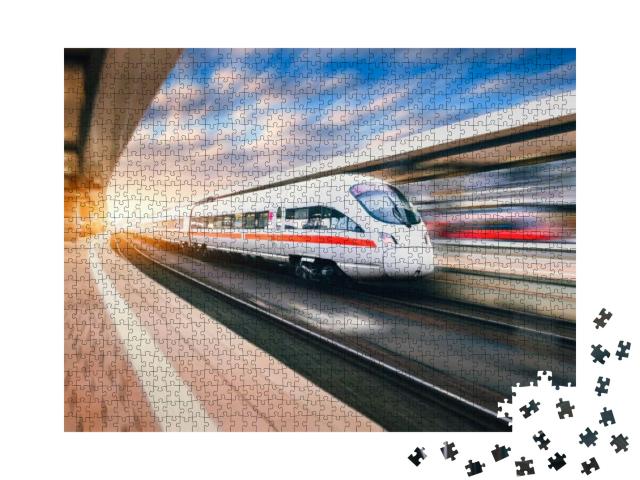 White Modern High Speed Train in Motion on Railway Statio... Jigsaw Puzzle with 1000 pieces