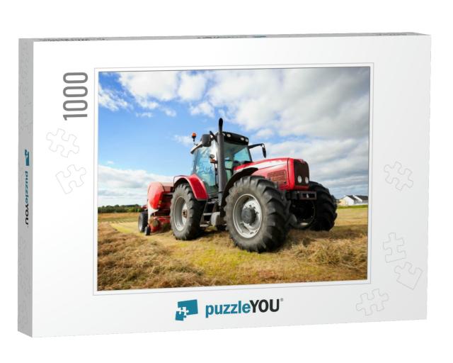 Huge Tractor Collecting Haystack in the Field At Nice Blu... Jigsaw Puzzle with 1000 pieces