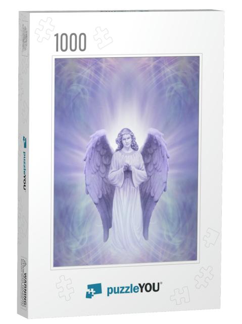 Guardian Angel on Ethereal Lilac Blue Background - Prayin... Jigsaw Puzzle with 1000 pieces