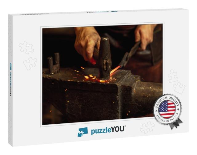 At Smithy. Close-Up Working Powerful Hands of Male Blacks... Jigsaw Puzzle