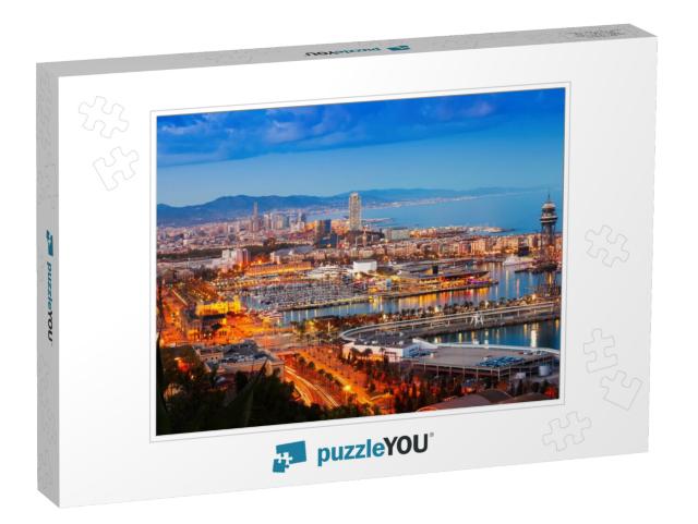 Panorama of Barcelona with Port in Night Time. Catalonia... Jigsaw Puzzle