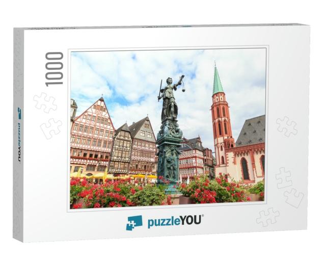 Old Town Square Romerberg with Justitia Statue in Frankfu... Jigsaw Puzzle with 1000 pieces