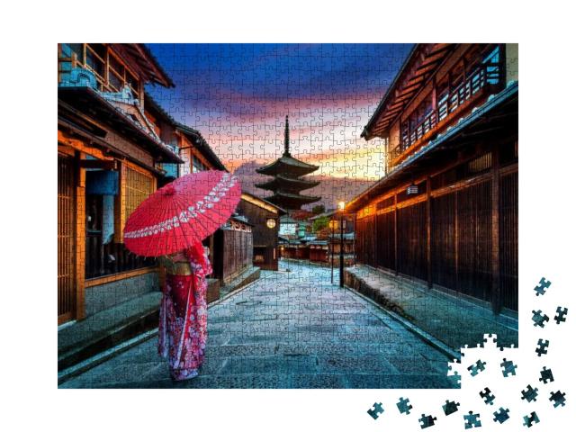 Asian Woman Wearing Japanese Traditional Kimono At Yasaka... Jigsaw Puzzle with 1000 pieces