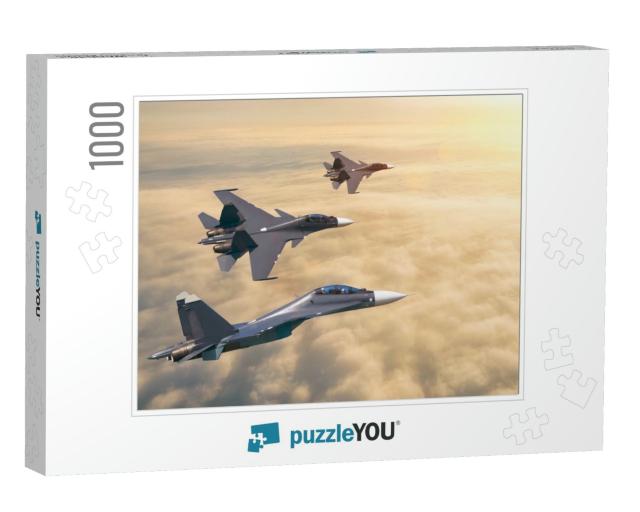 Group of Three Aircraft Fighter Jet Airplane Sun Glow Fly... Jigsaw Puzzle with 1000 pieces