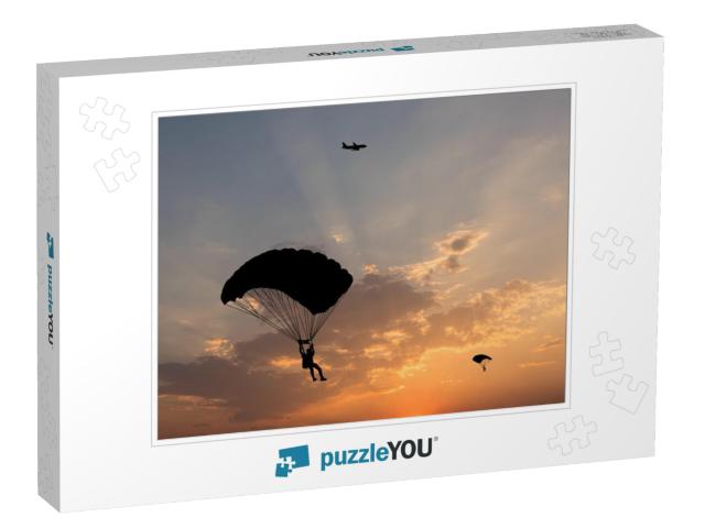 Silhouette of Parachute & Airplane on Sunset Background... Jigsaw Puzzle