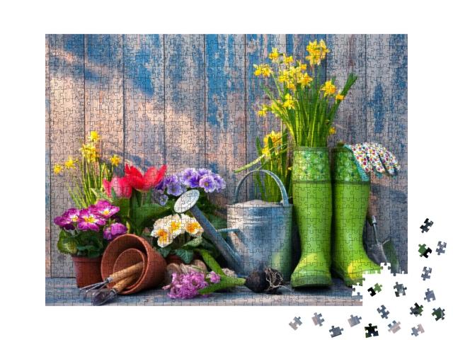 Gardening Tools & Flowers on the Terrace in the Garden... Jigsaw Puzzle with 1000 pieces