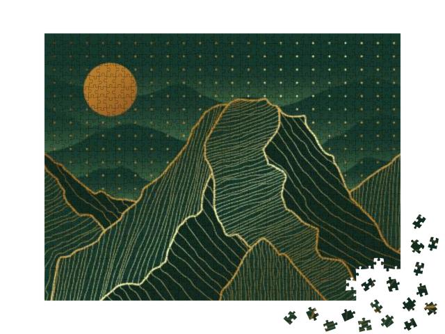 Golden Mountains Art Deco Isolated on Black Background. L... Jigsaw Puzzle with 1000 pieces