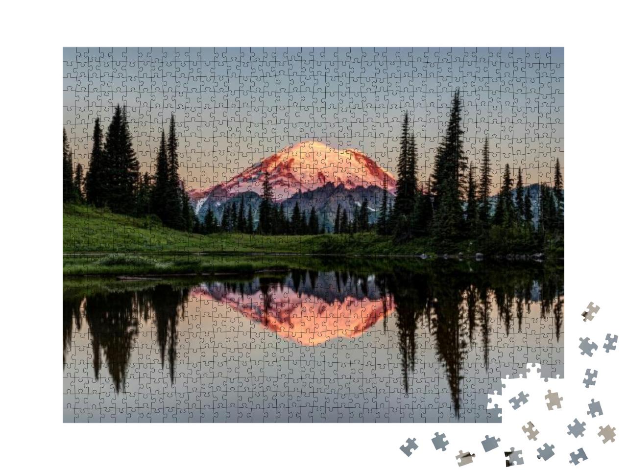 The Glowing Peak of Mount Rainier At Dawn with a Calm Ref... Jigsaw Puzzle with 1000 pieces
