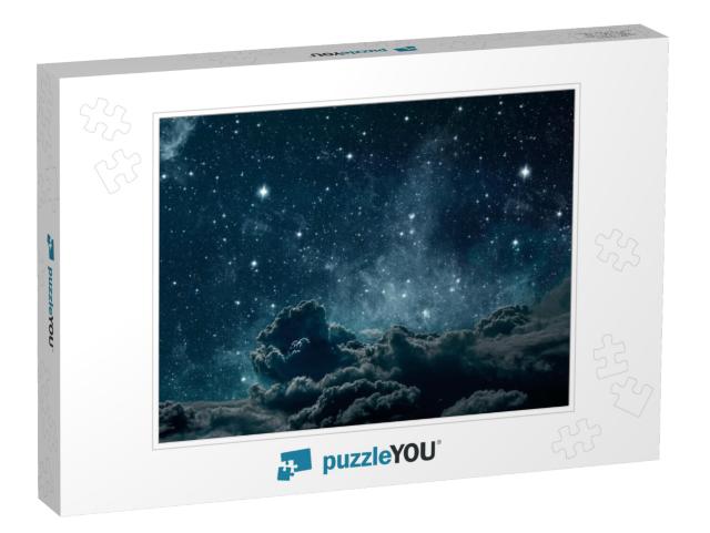 Backgrounds Night Sky with Stars & Moon & Clouds. Wood. E... Jigsaw Puzzle