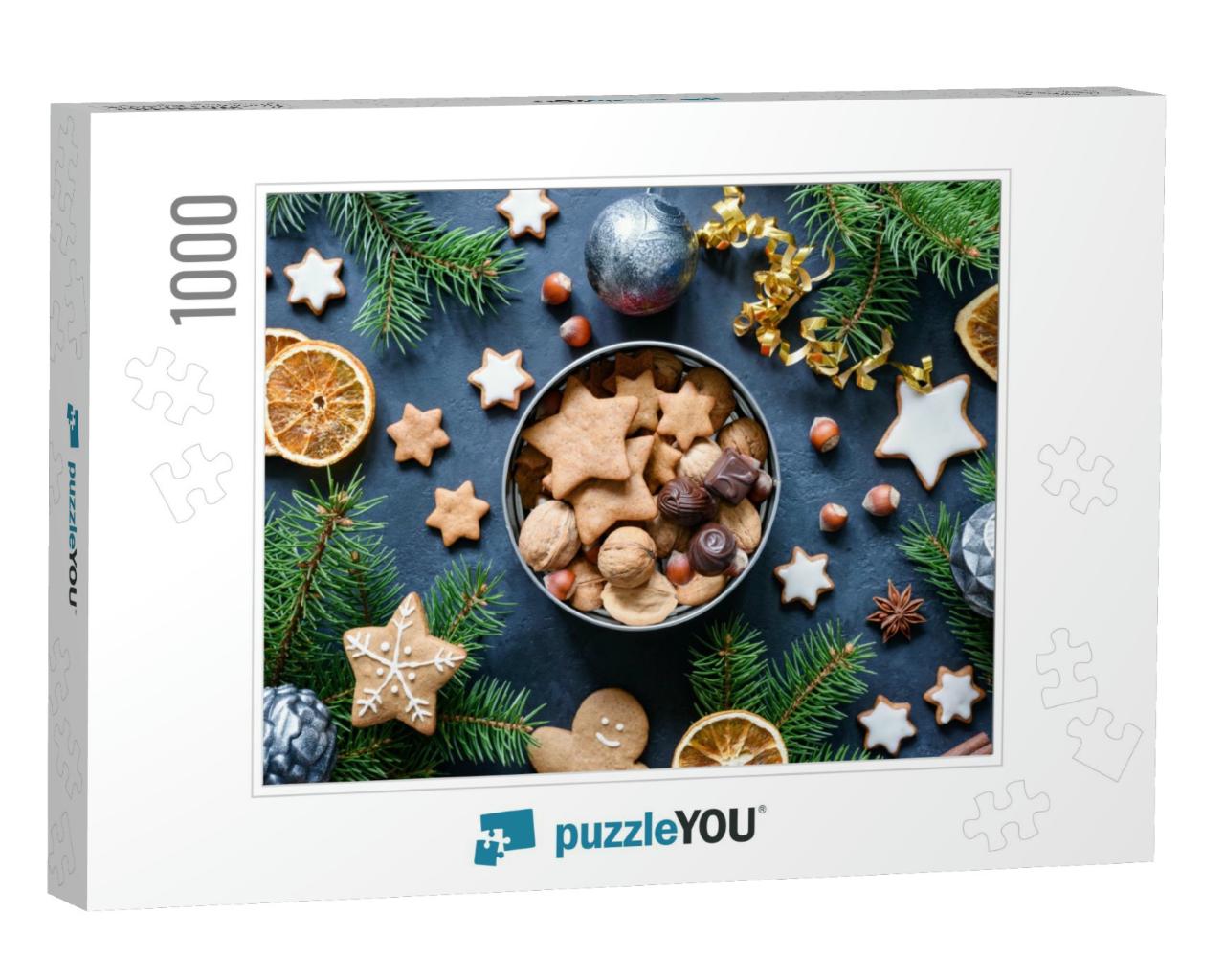 Christmas Gift Box with Homemade Gingerbread Cookies, Nut... Jigsaw Puzzle with 1000 pieces