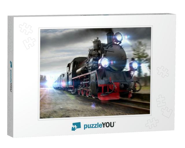 A Rushing Steam Locomotive. Moved Picture of Retro Train... Jigsaw Puzzle