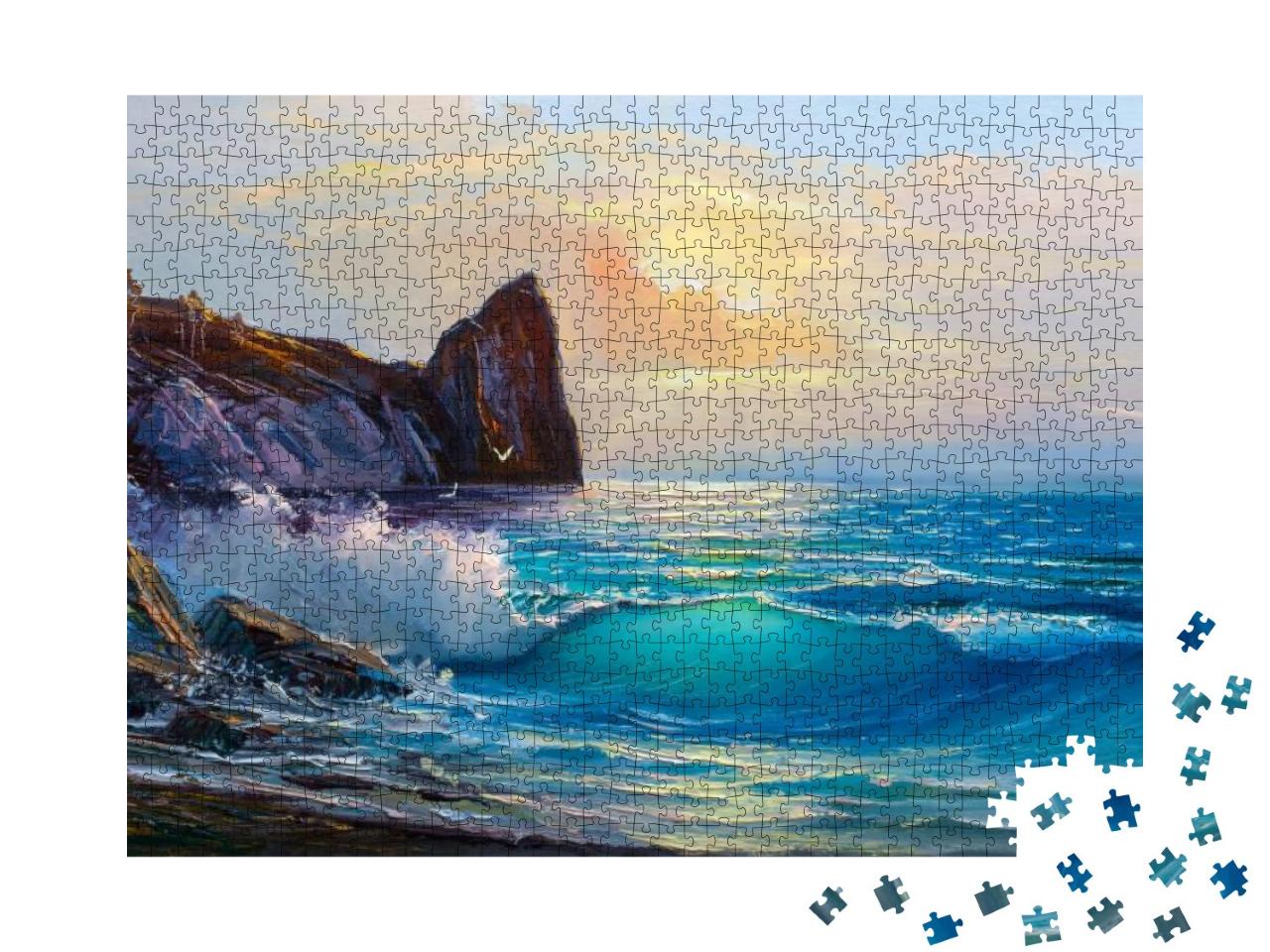 Original Oil Painting of Sea & Beach on Canvas. Rich Gold... Jigsaw Puzzle with 1000 pieces