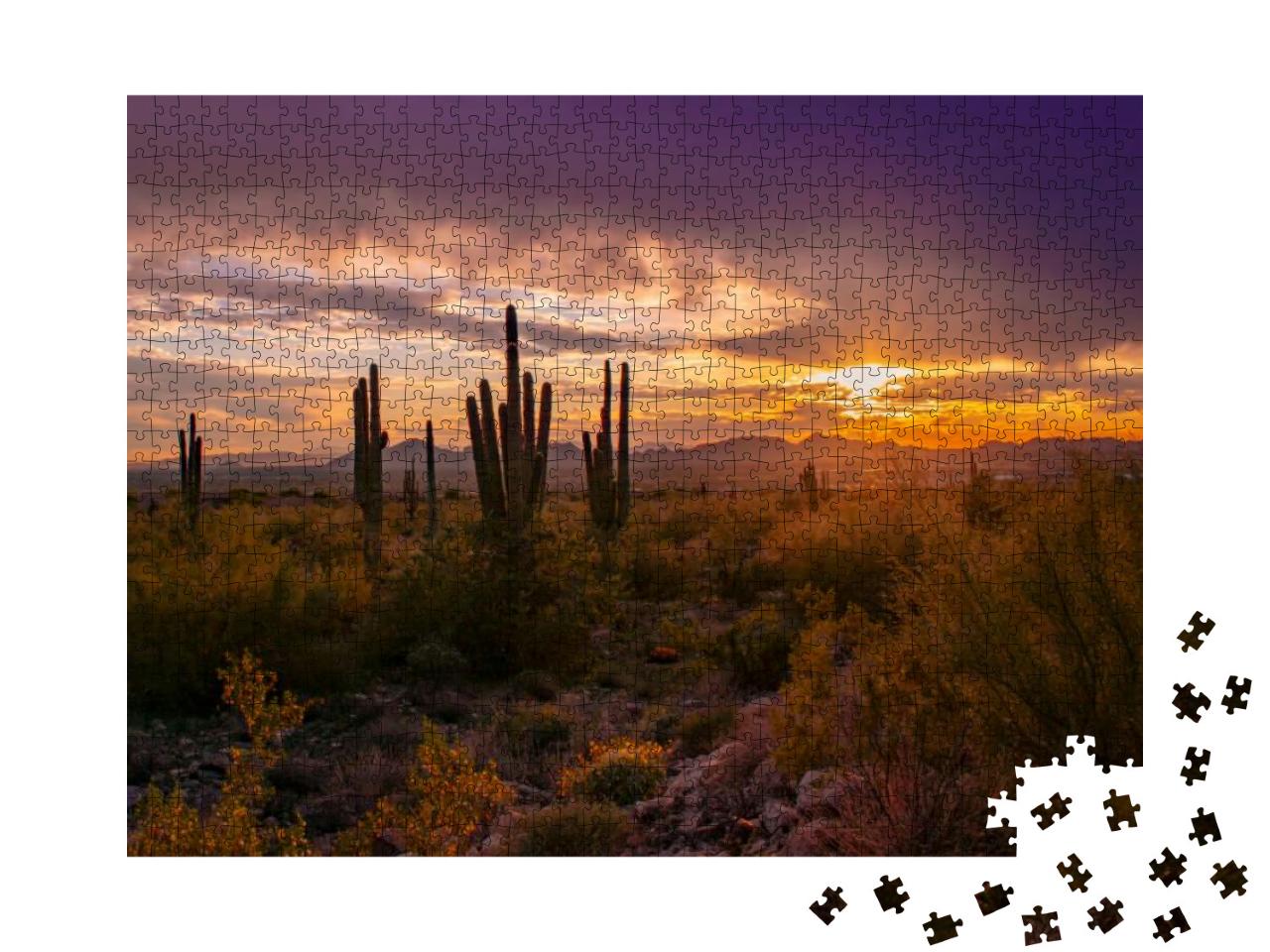 Majestic Arizona Sunset with Saguaro Silhouette Shot from... Jigsaw Puzzle with 1000 pieces