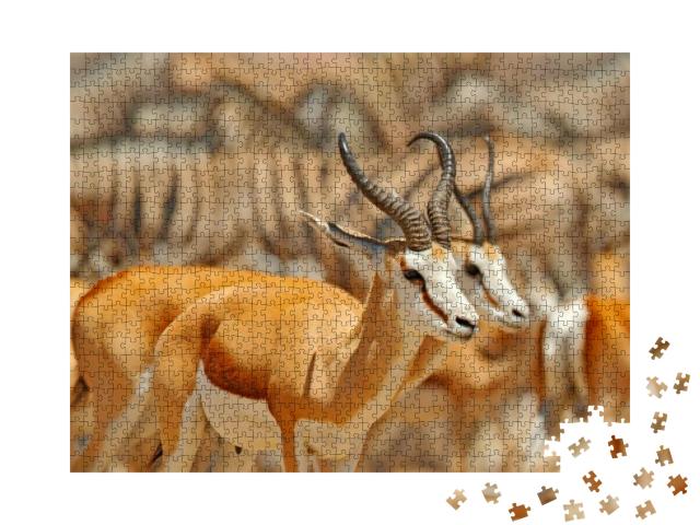 Big Group of Animals, Namibia. Herds of Animals Near the... Jigsaw Puzzle with 1000 pieces