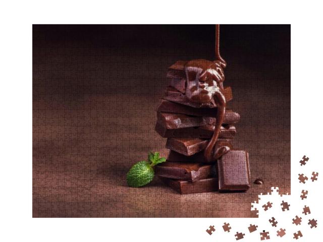 Melted Chocolate Pouring Into a Piece of Chocolate Bars w... Jigsaw Puzzle with 1000 pieces