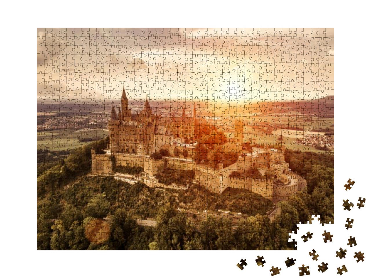 Hohenzollern Castle At Sunset, Aerial View of Old German... Jigsaw Puzzle with 1000 pieces
