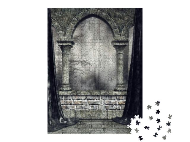 Dark Scenery with a Stone Gothic Arch & Black Curtains. 3... Jigsaw Puzzle with 1000 pieces
