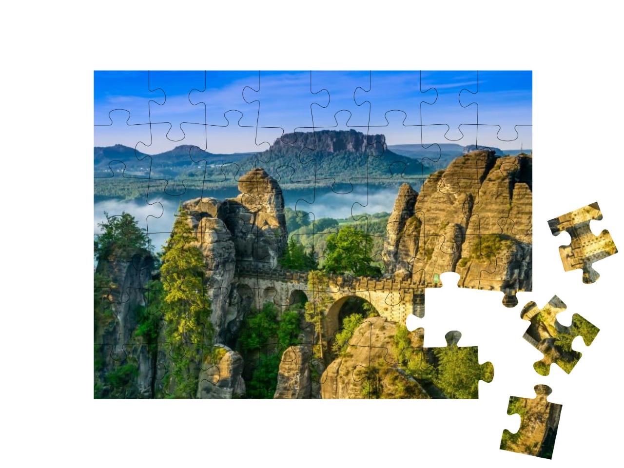 Bridge Named Bastei in Saxon Switzerland, At Sunrise & th... Jigsaw Puzzle with 48 pieces